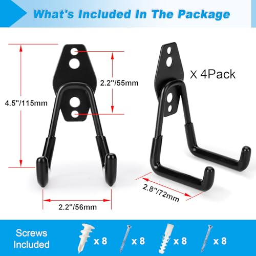 Heavy-Duty Garage Hooks - 4 Pack Utility Steel Hangers for Tools