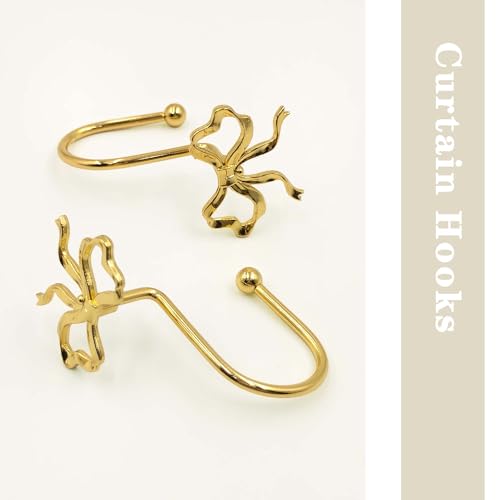Gold Bow Shower Curtain Hooks - 12 Pack Rust Proof Rings for Elegant Bathroom Decor