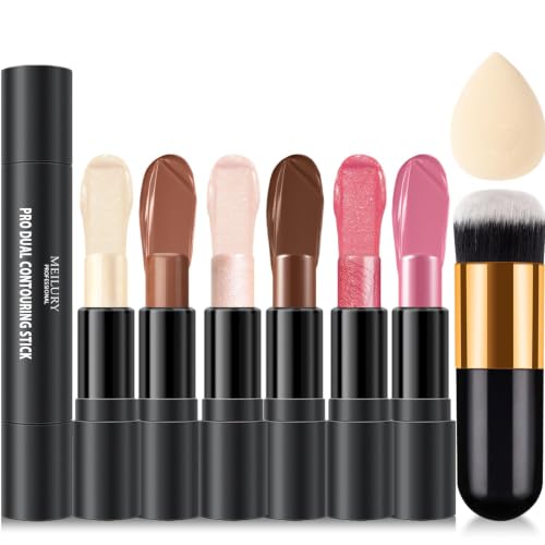 Meilury Double-Ended 6-Color Cream Contour Stick Kit with Highlighter, Blush & Bronzer - Set A