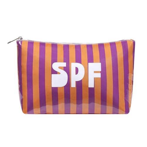15SPF Orange Waterproof Striped PVC Makeup Bag Large Capacity Travel Organizer