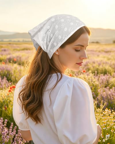 CHLINS Lace Head Scarf Bandana Headband Set - White Cotton (2PCS)