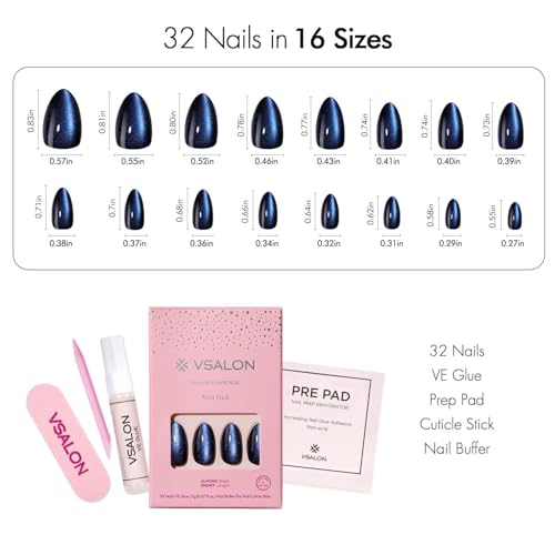 VSALON Almond Short Press on Nails Mini Pack - Dark Blue Cat Eye
