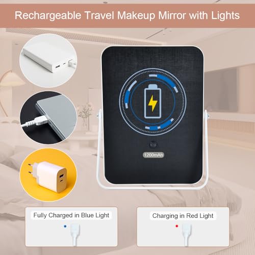 YEKKOPT Rechargeable LED Vanity Mirror, 3-Color Dimmable Makeup Mirror
