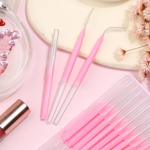 MAPVOLUT Pink 120pcs Micro Eyelash & Brow Brush Set with Cap for Makeup & Lamination