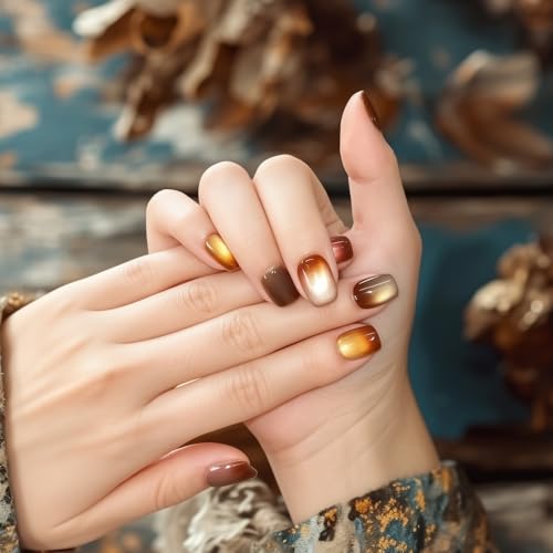 Velvet Macchiato Short Squoval Press-On Nails - Reusable Chrome Ombre Manicure, 10 pcs