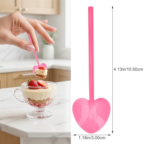 KALLORY 100PCS Heart-Shaped Pink Disposable Dessert Spoons