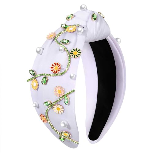 Flower C-White Pearl Knotted Headband for Women - Floral Top Knot with Rhinestones