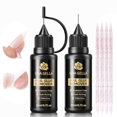 UNA GELLA 20ml x2pcs Nail Glue Remover for Press-On Nails, Gentle & Fast Non-Acetone with Crystal Sticks