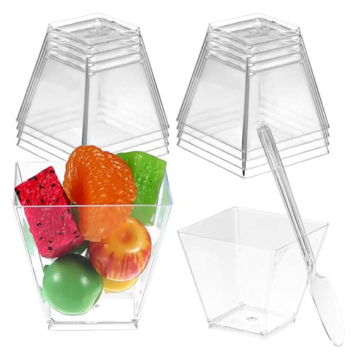 50 Pack 2 oz Clear Square Dessert Cups with Spoons - Mini Serving Bowls for Parties