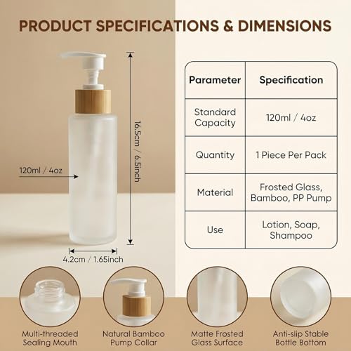 SYBL 120ml Glass Lotion Dispenser with Bamboo Pump Refillable Cosmetic Container