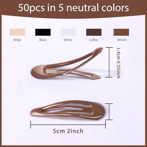 Teenitor 50Pcs Snap Hair Clips - 2 Inch Metal Barrettes in 5 Colors