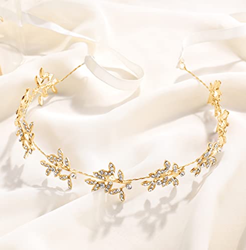 BABEYOND Gold Bridal Headpiece Handmade Wedding Hair Vine with Crystals & Lace Ribbon