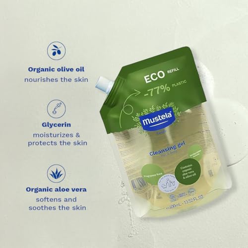 Mustela Eco-Refill Organic Cleansing Gel - Fragrance-Free Hair & Body Wash for All Ages - 13.52 fl. oz.