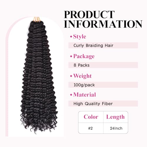FEILIMEI Deep Wave Crochet Hair Extensions #2 24 Inch Pack of 8 - Curly Synthetic Braiding Hair for Women