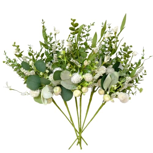 Artificial Eucalyptus Stems with White Florals - Set of 6, 18 Inch