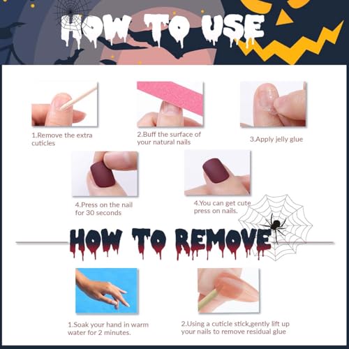 HPYFOI Spider Halloween Press-On Nails Style-4: Short Dark Red Square Reusable 24 Pcs