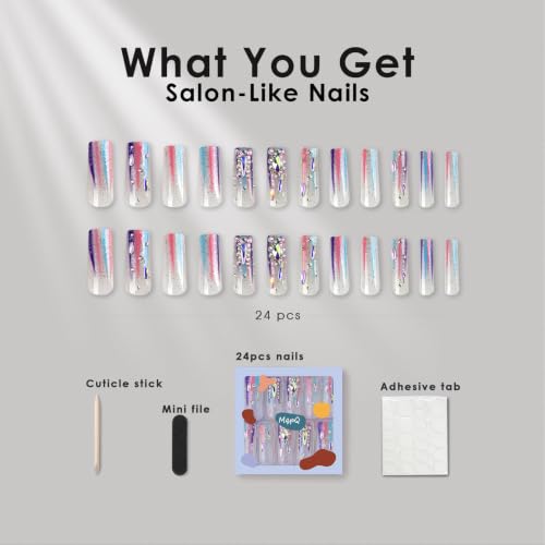 Rainbow Colorful Stripes & Rhinestones Press On Nails - Long Square, Hand-Set, 24 Count