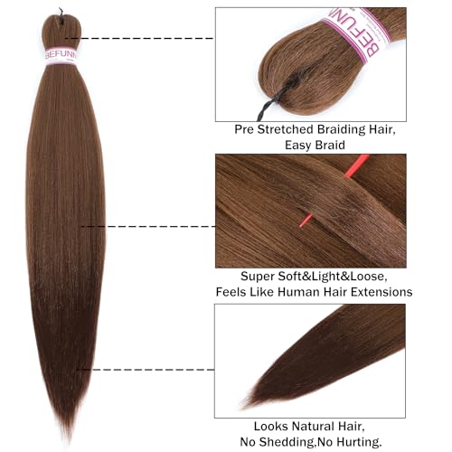 BEFUNNY 24 Inch Brown Pre Stretched Braiding Hair - 8 Packs, Itch-Free Yaki Extensions