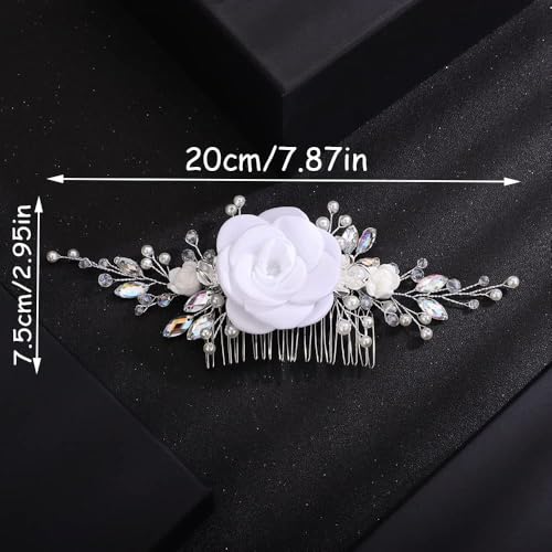 BERYUAN White Rose Wedding Hair Comb AB Rhinestones Bridal Headpiece for Women Girls