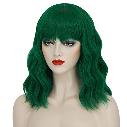 Juziviee Short Green Wavy Bob Wig with Bangs for Cosplay and Parties