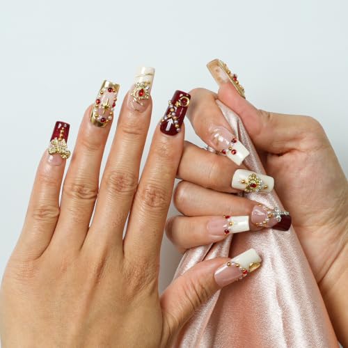 Tesytto Handmade Red Baroque Press on Nails, Medium Square Gothic Glue on Set
