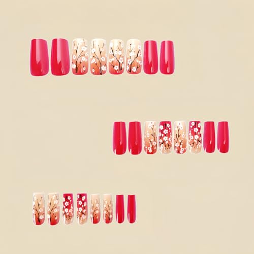 TBRZTR Medium Red Floral Press On Nails - Glossy Coffin Style
