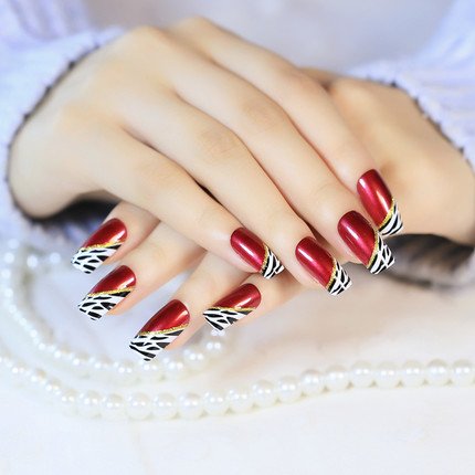 YUNAI 24-Piece Medium Length False Nails Set – Red Wine French Ellipse Leopard