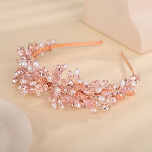 Pink Bridal Crystal Headband with Rhinestone Pearl Beads Wedding Hair Crown - Handmade Leaf Design