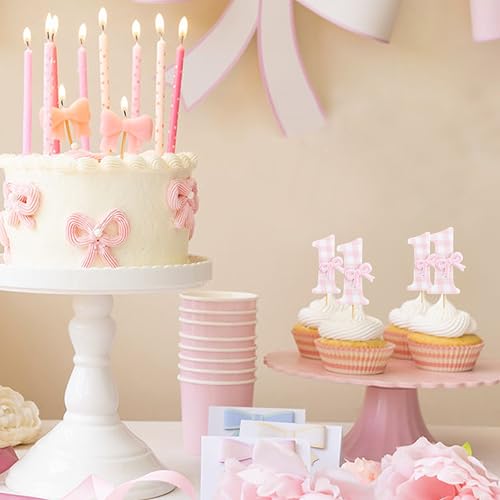 12 Pcs Pink Bow Cupcake Toppers for 1st Birthday & Anniversary