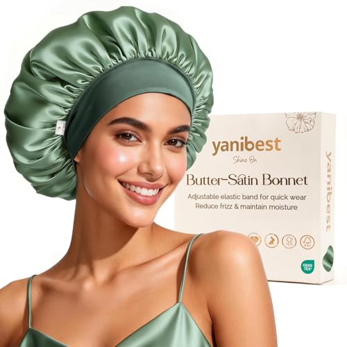 YANIBEST Green Satin Hair Bonnet for Sleeping - Double Layer, Elastic Band