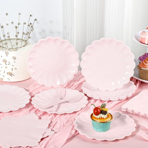 75 Pcs Pink Paper Plates & Napkins Set for 25 Guests - Scalloped Design