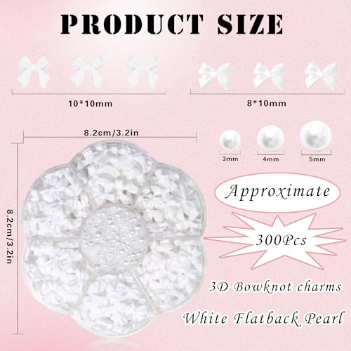 RODAKY White Bow Knot Nail Charms & Flatback Pearls 300Pcs for Nail Art DIY