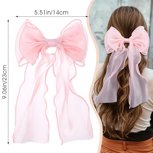 Large Pink Bow Hair Clip with Long Ribbon Tail for Women & Girls