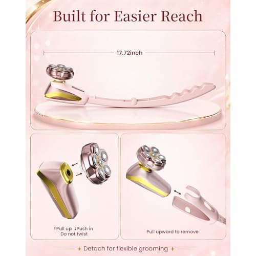 Electric Razors for Women Legs: Long Handle Easy Reach Legs Shaver, 6D Body Shaver for Fast & Smooth Grooming, 2 in 1 Waterproof Bikini Trimmer Kit for Lady Hair Removal, Gift for Her (Nude Pink)