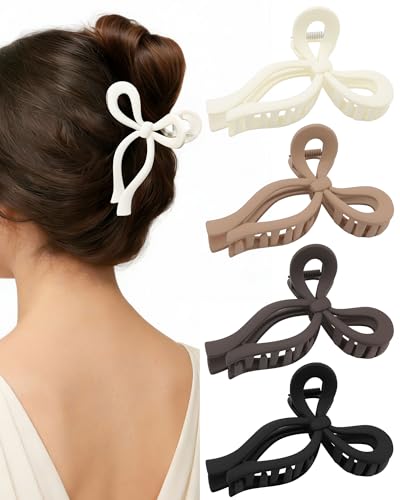 CHLINS 4 Pack Large Bow Hair Claw Clips for Women - 4.3 Inches Matte Beige Black Brown Tan