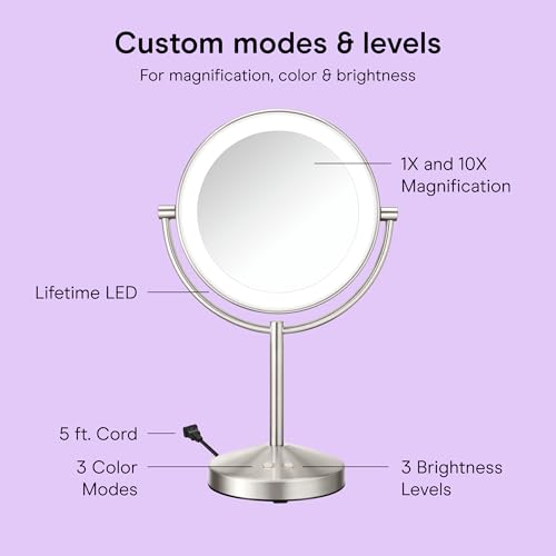 Conair Double-Sided 1X/10X Magnifying LED Vanity Mirror | 1X/10X double-sided mirror with 3 LED color modes and 360¡Æ rotation, Satin Nickel, Model BE401X23