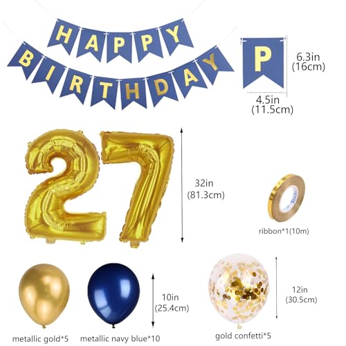 Navy Blue 27th Birthday Party Decorations with Balloons & Banner