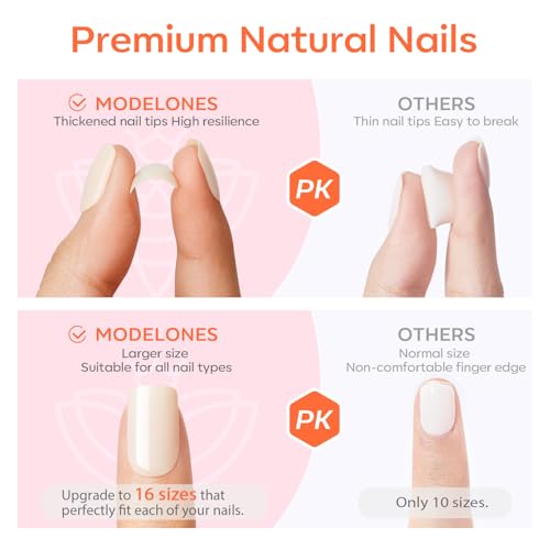 modelones French Tip Press On Nails, Short Oval Fake Nails Press Ons with Nail Glue, Adhesive Tabs, Nail File, Prep Pad, Manicure Stick, 32Pcs 16 Sizes, Nude, Spring Women Girl Gift