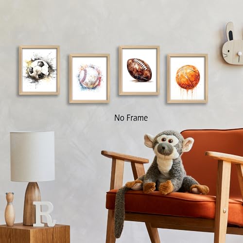Sports Wall Art Set of 4 - Basketball, Soccer, Football & Baseball Prints - 8x10 Unframed Decor