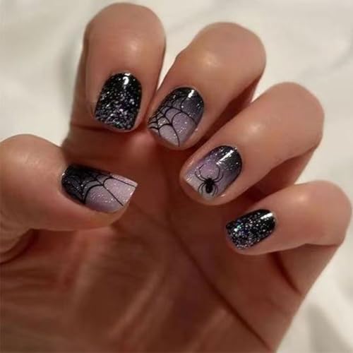 RIICFDD Halloween Short Square Spider Web Glitter Fake Nails - Halloween Nails 2