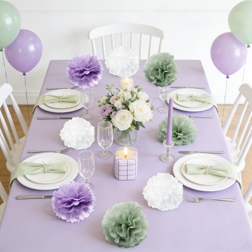 Sage Green & Lavender Tissue Paper Pom Poms - 9-Pack Party Decor