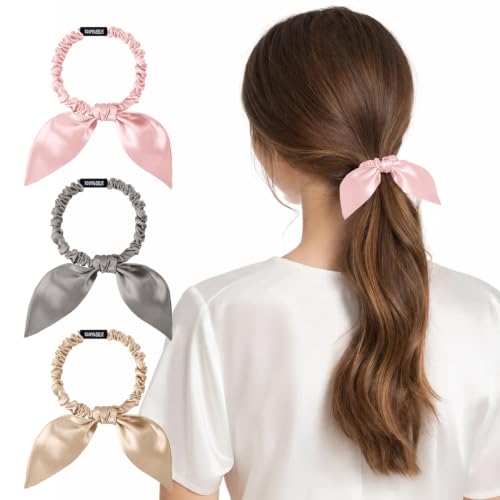 THXSILK 100% Pure Mulberry Silk Hair Scrunchies with Bow - 3 Pcs in Champagne, Grey, Charming Pink