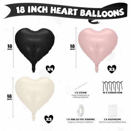 10 Pcs Pink and Black Heart Balloons with Ribbons - 18 Inch