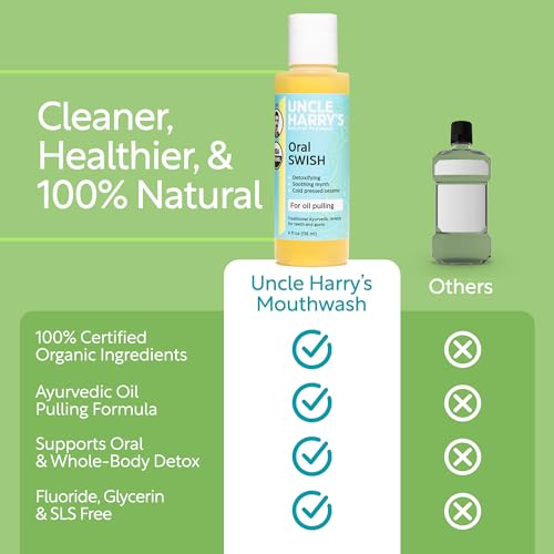 Uncle Harry's Organic Oil Pulling Mouthwash with Sesame, Clove & Oregano - Natural Teeth & Gum Care (4 oz)
