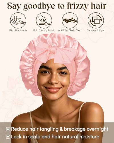 Reversible Satin Bonnet for Sleeping Women - 2PCS Hair Scrunchies & Apricot Powder + Champagne