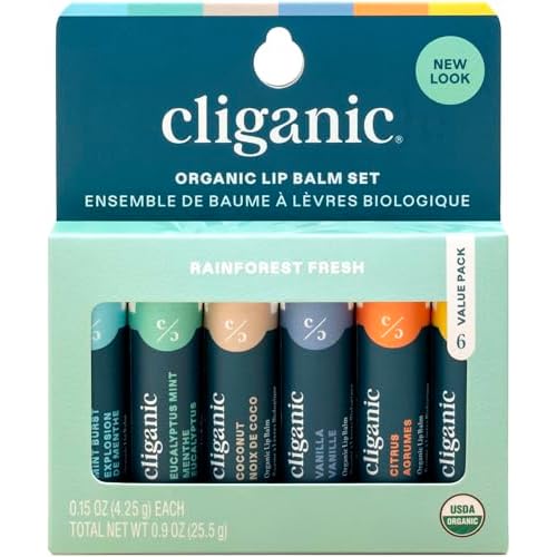 Cliganic Organic Lip Balm Set (6 Flavors) - 100% Natural Hydrating, Moisturizing for Dry Cracked Lips, Stocking Stuffer Gift for Men & Women