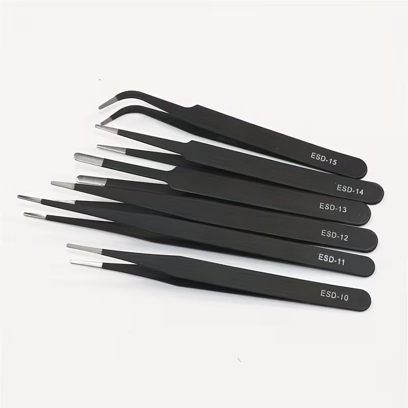 Precision Tweezers Set - 6-Piece Heavy-Duty Fine-Point Tweezers for Electronics Repair & Crafting | Pointed & Curved Tips
