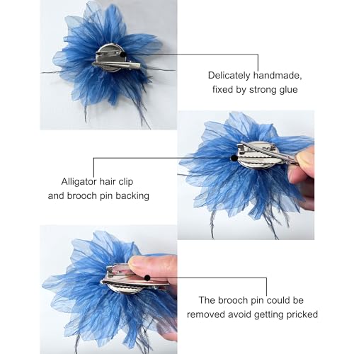 Sanrich 4pcs Organza Flower Feather Hair Clips - Blue