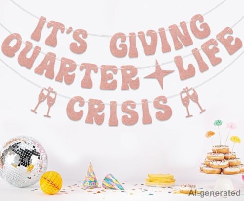 Quarter Life Crisis Banner for 25th Birthday Party - Rose Gold Glitter