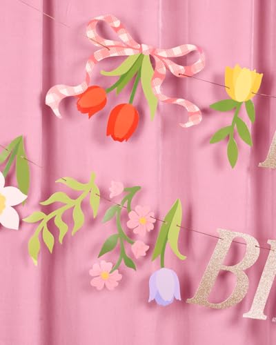 Floral Happy Birthday Banner | Garden Party Decor with Gold Glitter